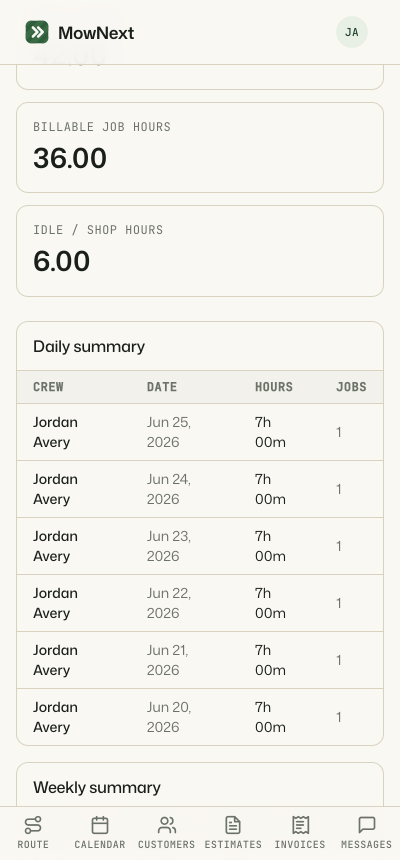 MowNext hours report showing billable hours and a daily summary table