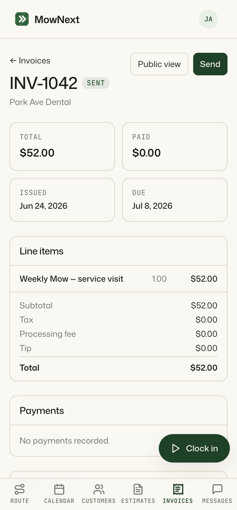 MowNext invoice screen showing a sent invoice with line items and totals