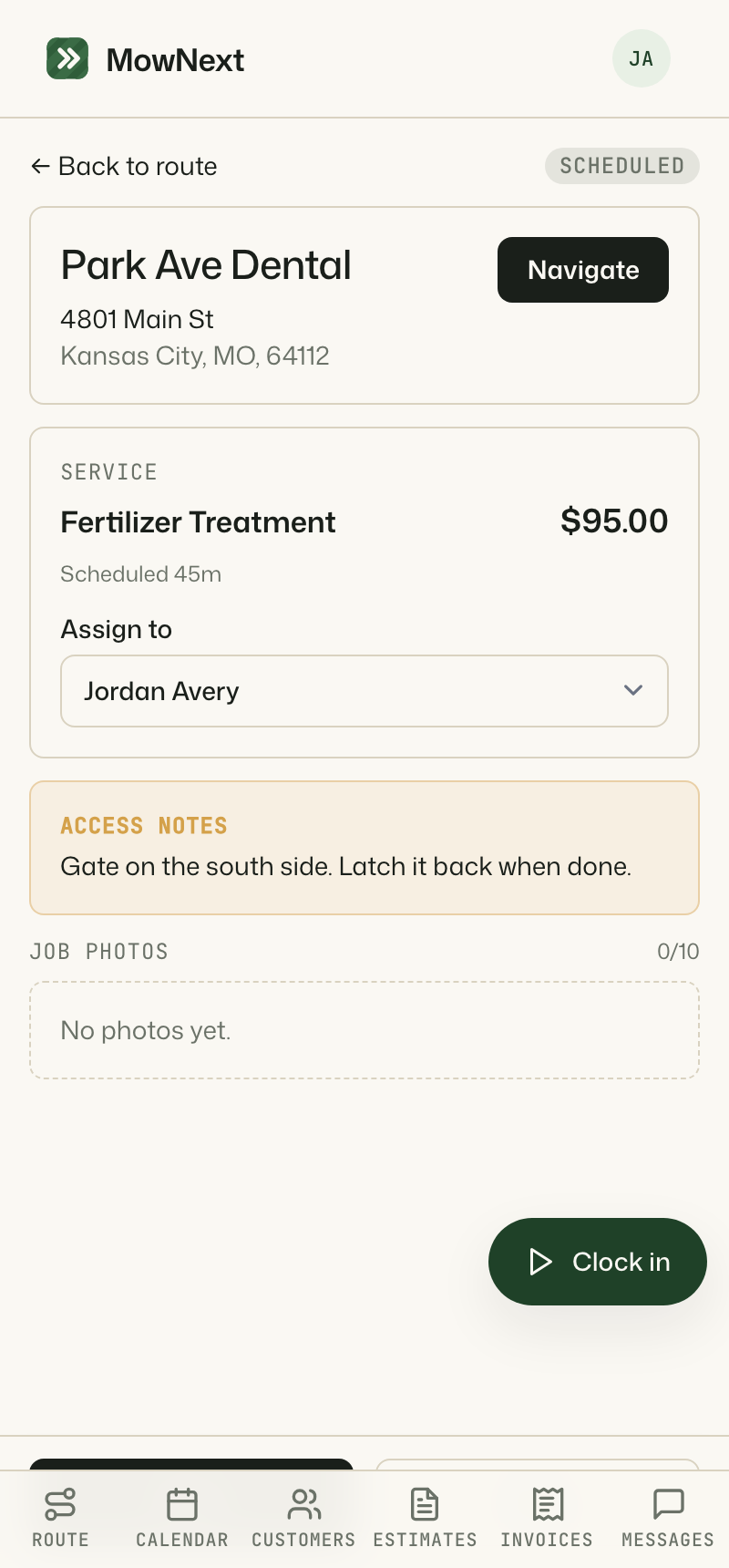 MowNext job screen with customer, service, access notes, and a clock-in button